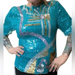 Pantagis Aqua abstract Vintage 70s/80s beaded silk sequin blouse-XL